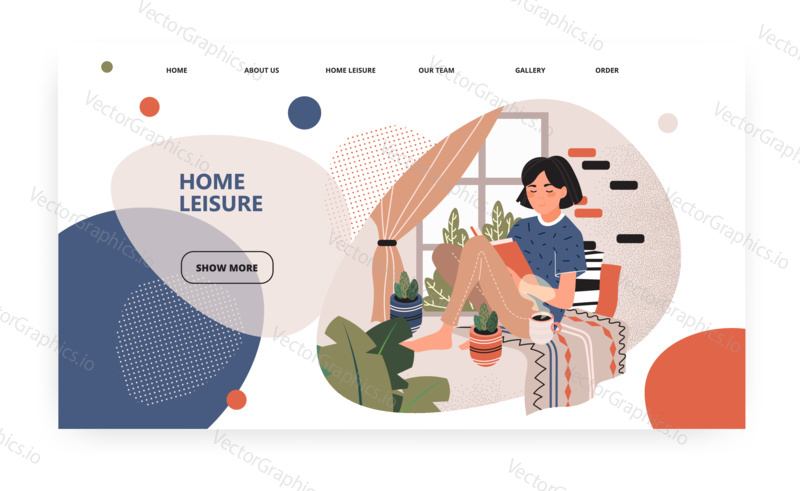 Young girl reading book and drinks coffee next to window at home. Cozy interior. Concept illustration. Vector web site design template. Landing page website illustration