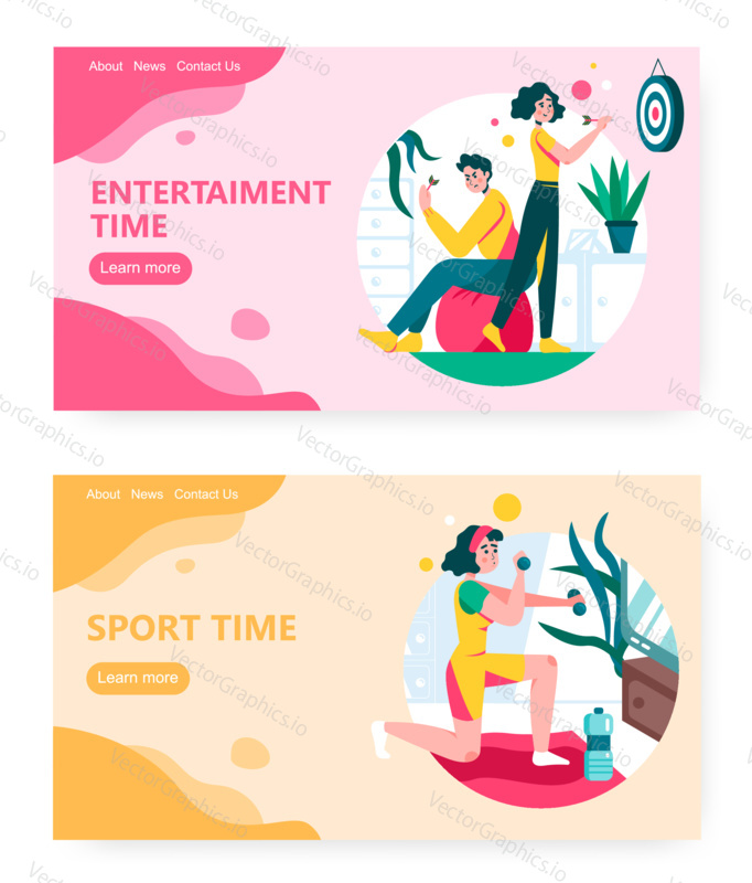 Man and woman play darts game. Girl exersice at home. Stay at home in corona virus quarantine time concept illustration. Vector web site design template. Landing page website illustration