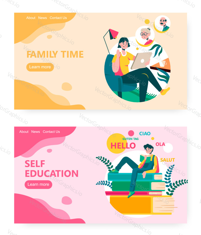 Video call with family in coronavirus quarantine time. Learn foreign language, read book, home education. Concept illustration. Vector web site design template. Landing page website illustration