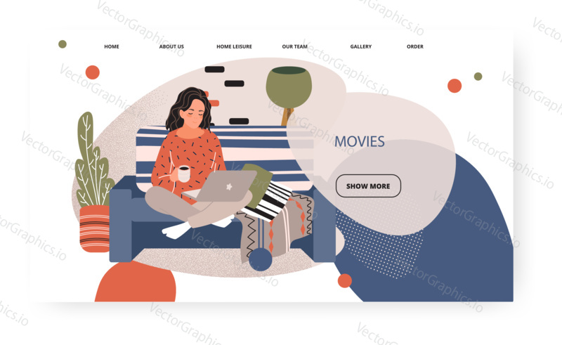 Young girl work with laptop sitting on sofa and drink coffee. Freelancer home office concept illustration. Vector web site design template. Landing page website illustration