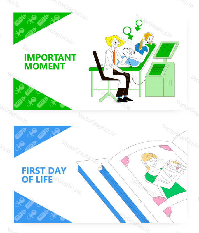 Doctor makes ultrasound checkup for pregnant woman. Happy mother with new born baby. Concept illustration. Vector web site design template. Landing page website illustration