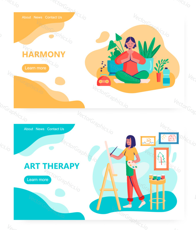 Woman meditate and practice yoga at home. Art therapy concept illustration. Girl artist painting. Vector web site design template. Landing page website illustration