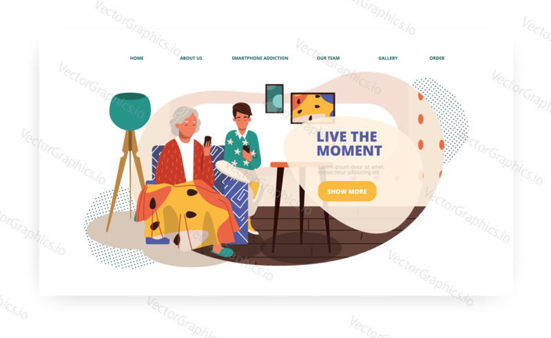 Young man teach senior woman to use phone. Digital technology and mobile phone addiction concept illustration. Vector web site design template. Landing page website illustration