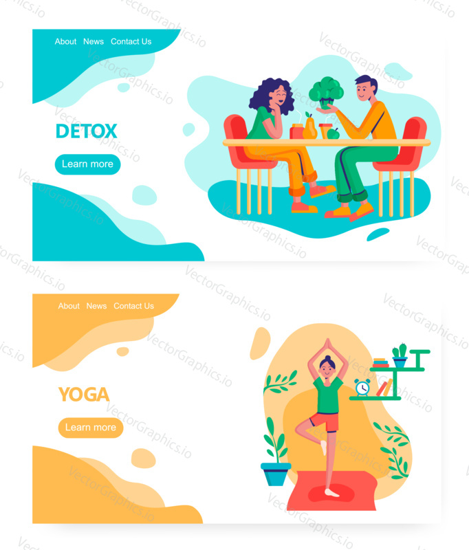 Vegetarian couple eat fruits and vegetables. Girl exercise and doing yoga at home. Concept illustration. Vector web site design template. Landing page website illustration