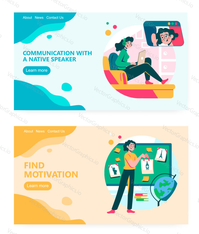 Learn foreign language with native by video call. Study geography online. School, teacher, landmarks, travel. Concept illustration. Vector web site design template. Landing page website illustration
