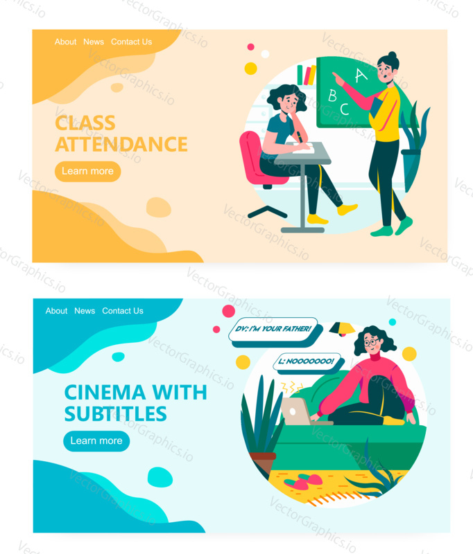 Teacher and student in school classroom. Girl sitting on cozy sofa and watching movie with subtitles. Concept illustration. Vector web site design template. Landing page website illustration