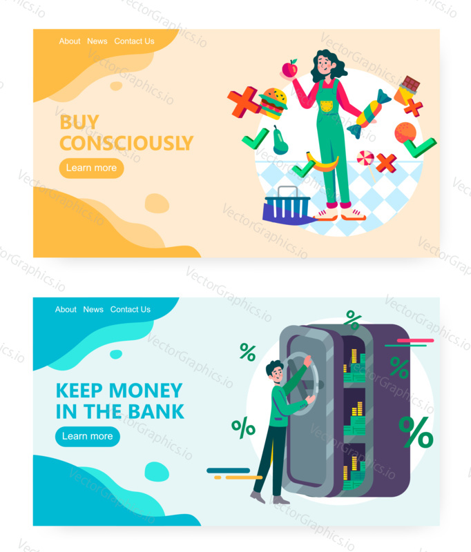 Saving money in a bank, money safe box, consious eating. Healthy food, fruits. Concept illustration. Vector web site design template. Landing page website illustration