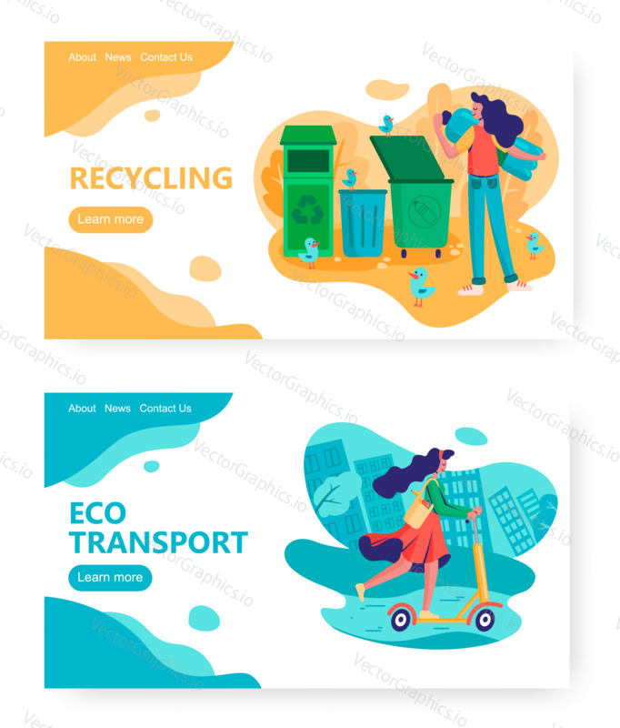 Garbage sorting and plastic recycle concept illustration. Young girl on a scooter. Eco urban lifestyle. Environment, ecology. Vector web site design template. Landing page website illustration