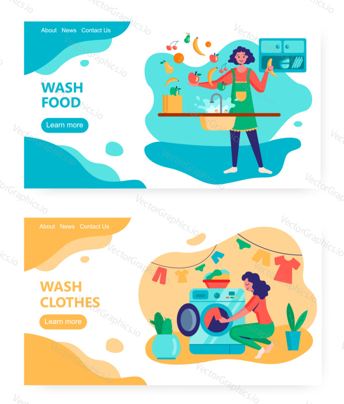 Woman wash fruits and vegetables in kitchen sink. Housewife do laundry and home cleaning. Clothes in washing machine. Concept illustration. Vector web site design template. Landing page website