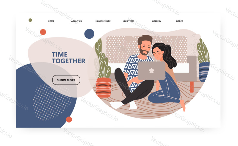 Happy couple sit on a floor and watch movie on laptop at home. Concept illustration. Vector web site design template. Landing page website illustration