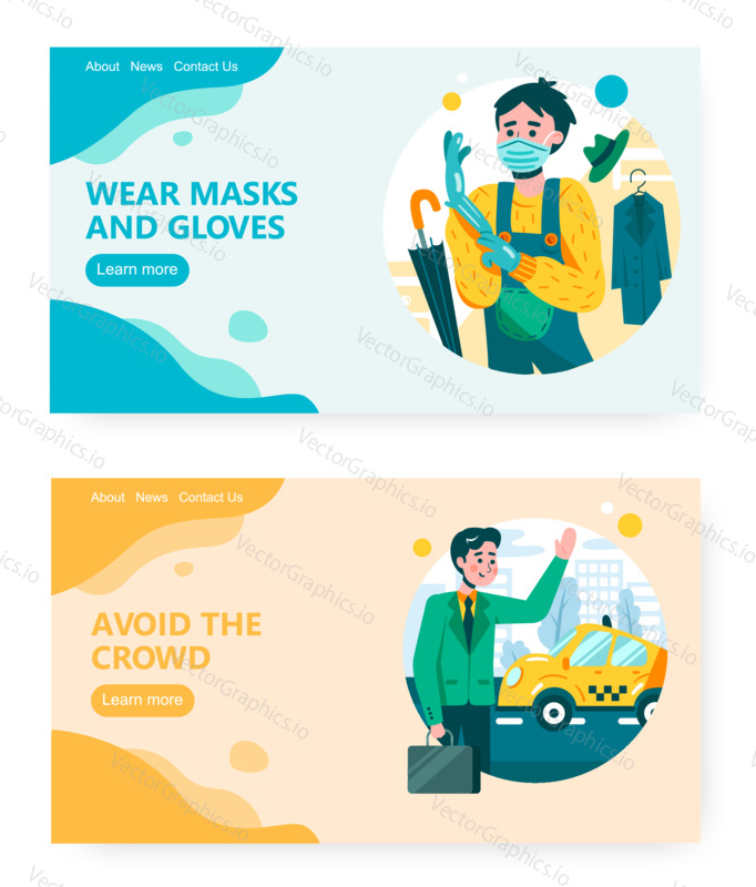 Man wear protective mask and gloves before go outside. Businessman take taxi to avoid crowd. Coronavirus concept illustration. Vector web site design template. Landing page website illustration