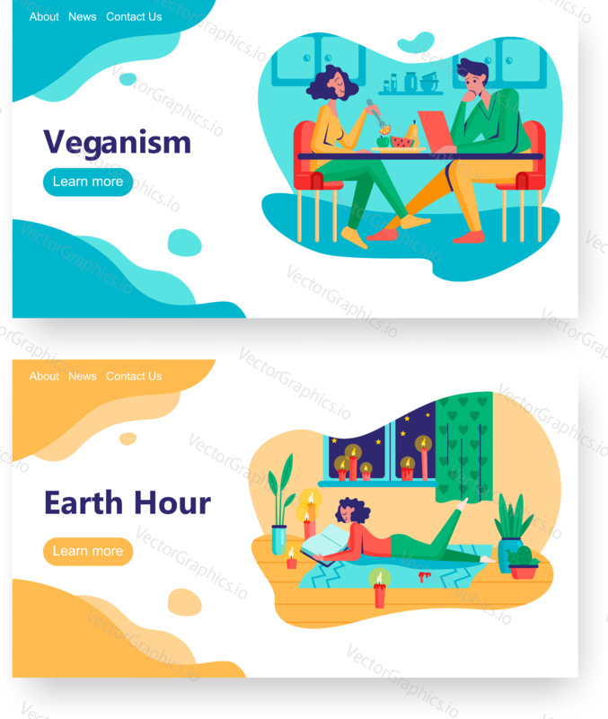 Vegan couple eat fruits and vegetables in restaurant. Earth hour concept illustration. Young girl read book with candle light. Vector web site design template. Landing page website illustration