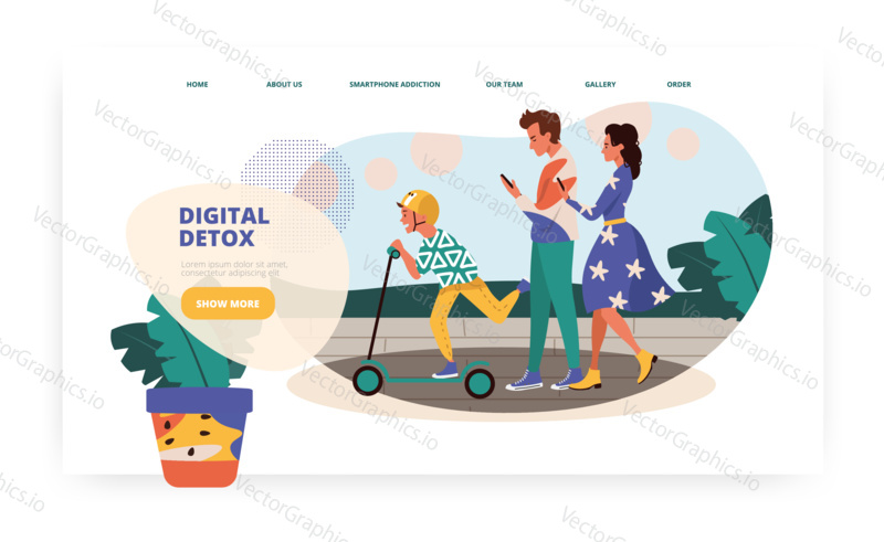 Mobile phone addicted parents walk in a park with their kid. Smartphone addiction family concept illustration. Vector web site design template. Landing page website illustration
