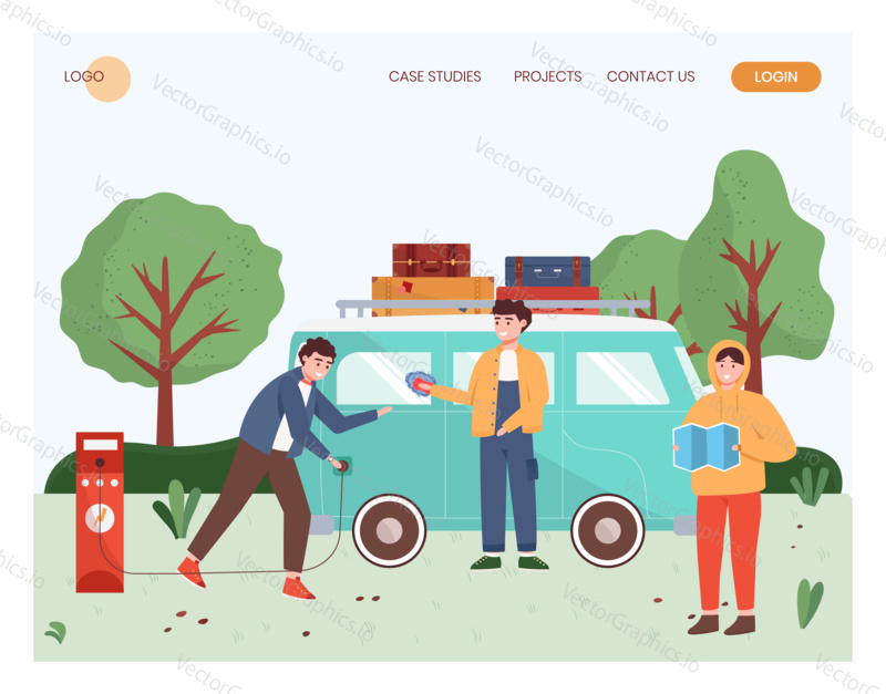 People travel by electric car. Man charging electric van. Outdoor travel concept illustration. Vector web site design template. Landing page website illustration