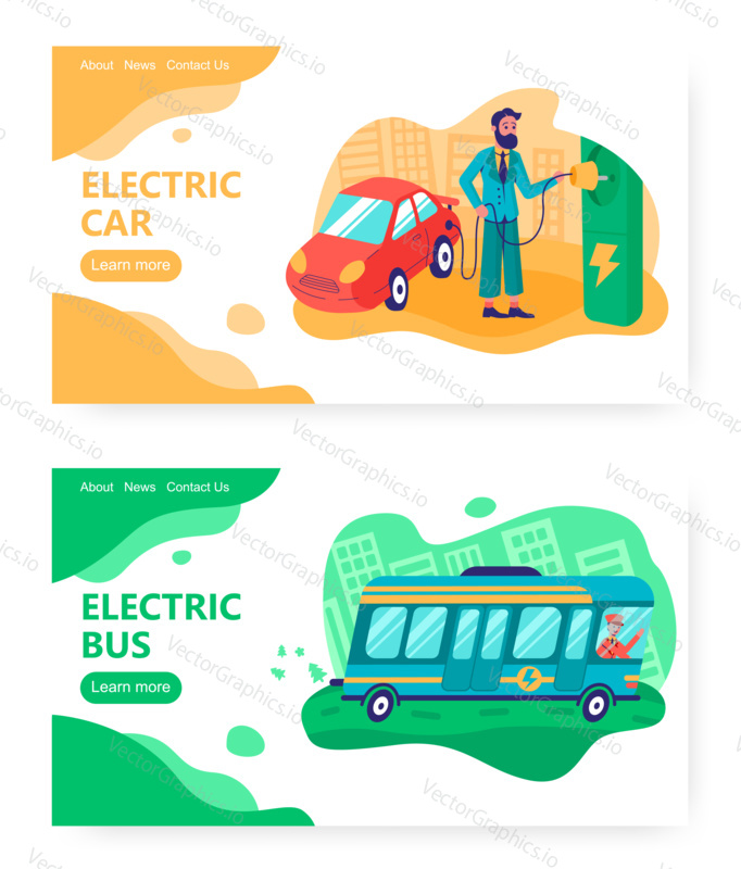 Electric car and public bus. Eco transport concept illustration. Charging station, ecology, hybrid vehicle. Vector web site design template. Landing page website illustration