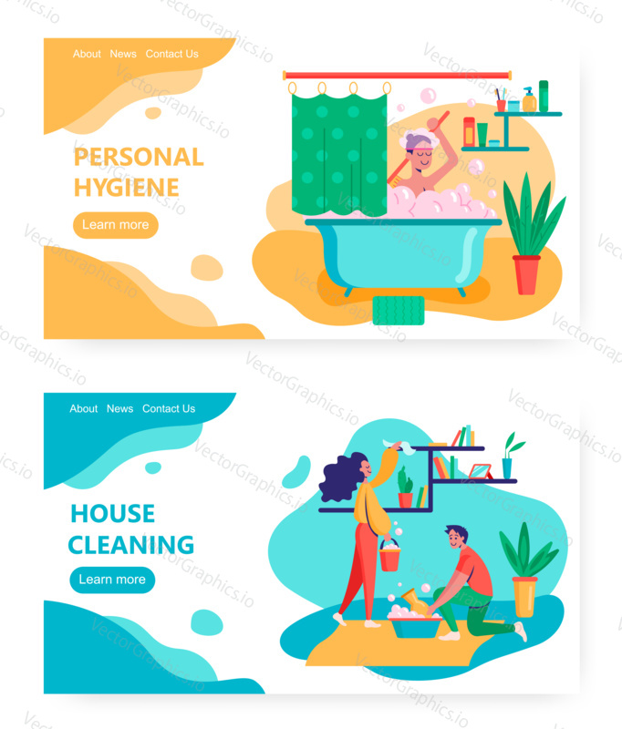 Woman take bath at home, bathtub foam bubbles. Family clean room in apartment or house. Concept illustration. Vector web site design template. Landing page website illustration
