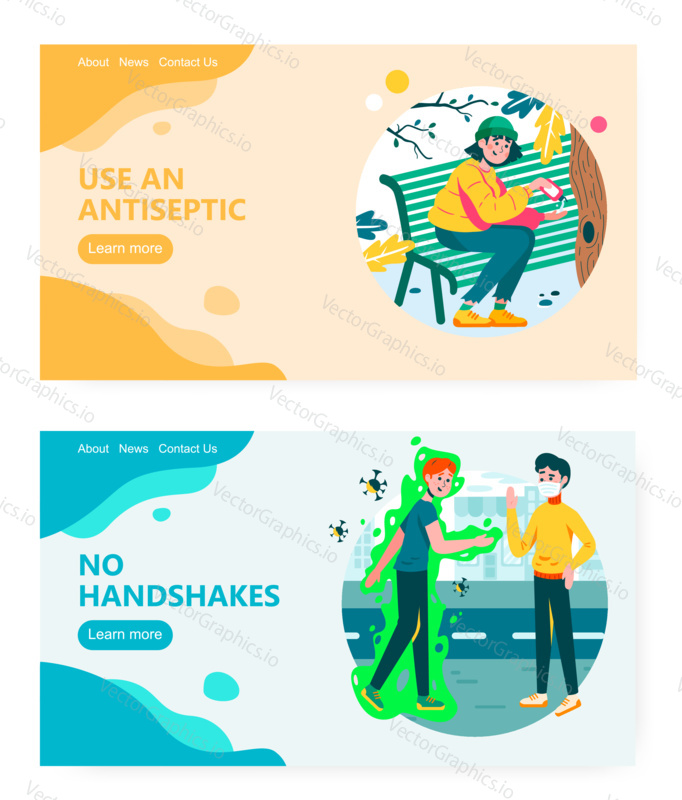 Virus protection and no handshake concept illustration. Coronavirus, face mask, sanitizer, antiseptic gel. Vector web site design template. Landing page website illustration