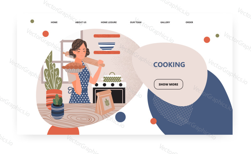 Woman cook pie in oven at home kitchen. Home cooking concept illustration. Vector web site design template. Landing page website illustration
