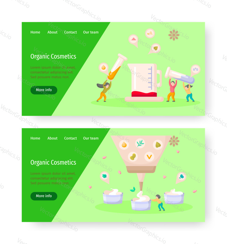 Organic cosmetic concept illustration. People mix ingredients in a lab to make skincare cream. Natural healthy skin cosmetics. Vector web site design template. Landing page website illustration