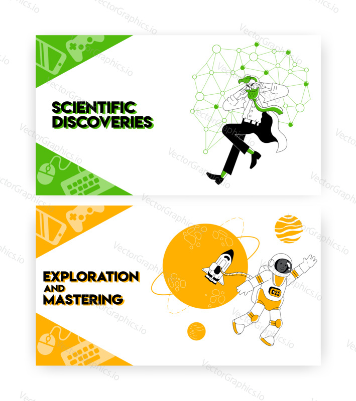 Scientific research and outer space exploration concept illustration. Crazy scientist, astronaut in open space, science discovery. Vector web site design template. Landing page website illustration