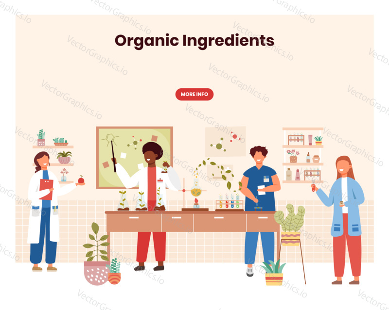 Organic cosmetic lab concept illustration. Scientists work in chemistry and biology laboratory. Cosmetics natural ingredients. Herbal medicine. Vector web site design template. Landing page website