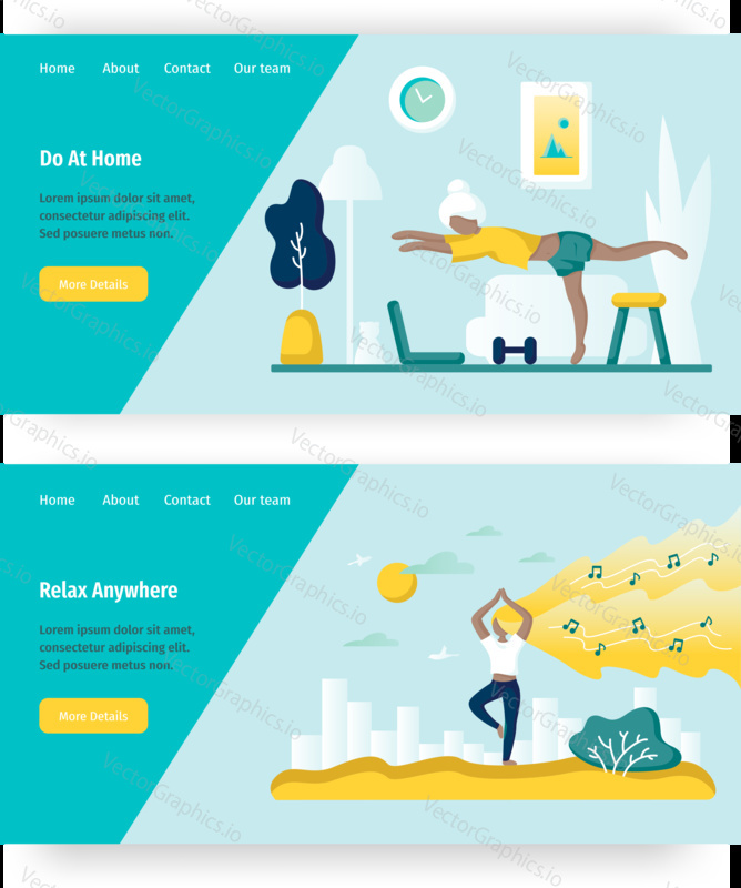 Woman practicing yoga at home. Meditation in harmony with nature and city concept illustration. Yoga online course, wellness, balance. Vector web site design template. Landing page website