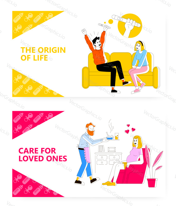 Happy man just found pregnancy test result. Husband take care his pregnant wife. Happy family concept illustration. Vector web site design template. Landing page website illustration