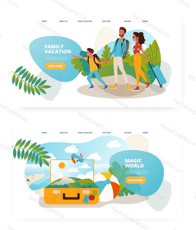 Family travel concept illustration. Vacation with kids, travel bag. Vector web site design template. Landing page website illustration