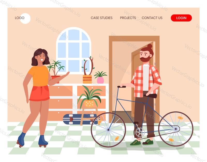 Young couple use eco transport concept illustration. Bicycle, roller, skateboard. Weekend healthy activity. Urban hipster lifestyle. Vector web site design template. Landing page website illustration