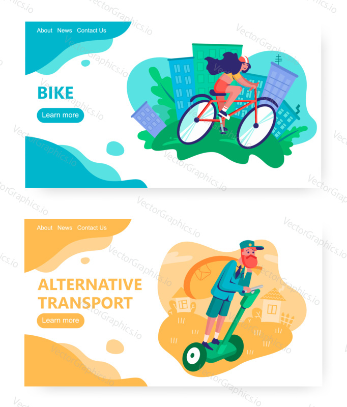 Hipster postman deliver the mail in rural area on a scooter. Sport girl on a bike. Urban healthy lifestyle. Concept illustration. Vector web site design template. Landing page website illustration