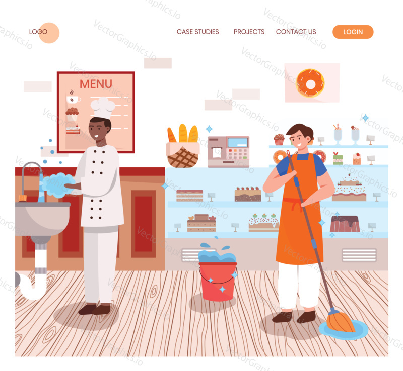 People clean bakery shop. Cafe cleaning concept illustration. Vector web site design template. Landing page website illustration.