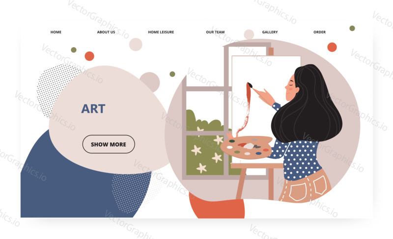 Female artist painting on empty easel. Art studio concept illustration. Vector web site design template. Landing page website illustration.