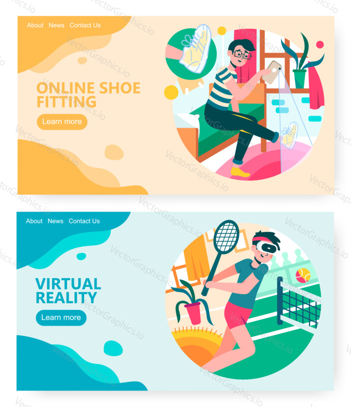 Man uses augmented reality mobile phone app for virtual shoes fitting. Man play tennis game in VR glasses. Technology concept illustration. Vector web site design template. Landing page website.