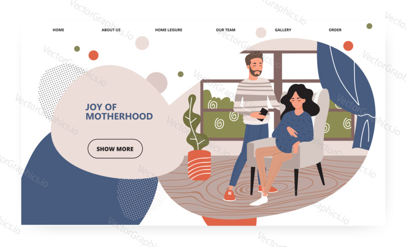 Happy family expecting baby. Pregnant woman stay with her partner at home. Pregnancy and parenthood concept illustration. Vector web site design template. Landing page website illustration.