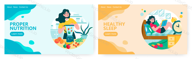 Woman make berry and fruit smoothie in blender. Young girl read book in her bed at home. Healthy lifestyle concept illustration. Vector web site design template. Landing page website illustration.