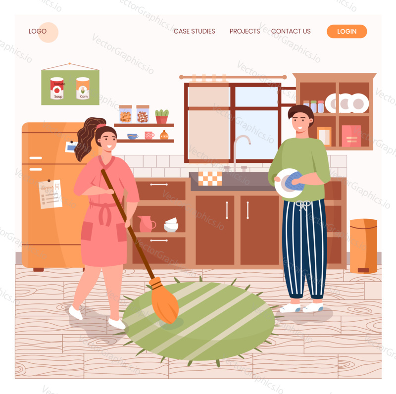 Family clean kitchen and wash dishes together. House cleaning concept illustration. Vector web site design template. Landing page website illustration.