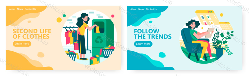 Woman put old dress to basket for recycle. Online fashion trends and shopping. Fashion concept illustration. Vector web site design template. Landing page website illustration.