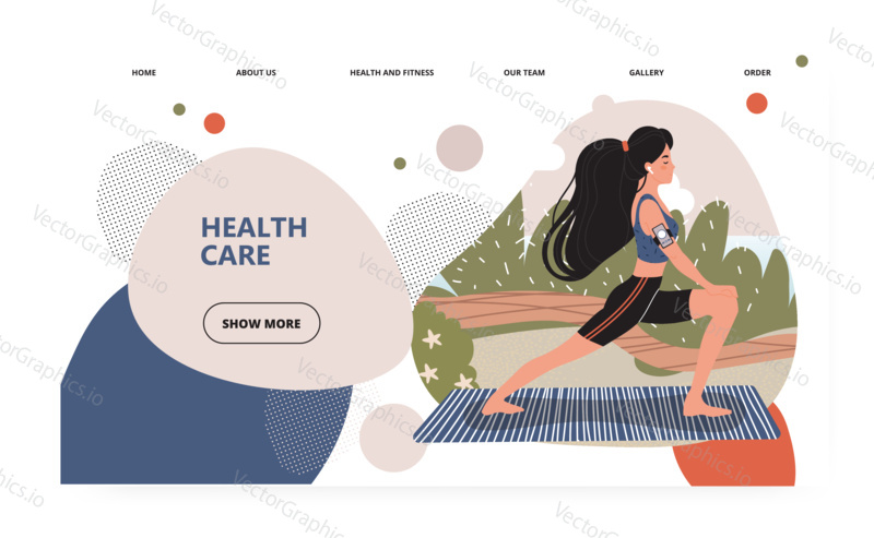 Woman exercise outdoor in a park. Stretching girl on yoga mat. Fitness and healthy lifestyle concept illustration. Vector web site design template. Landing page website illustration.