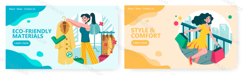 Young woman try eco friendly coat in fashion clothes store. Cruelty free dress concept illustration. Shopping, sale. Vector web site design template. Landing page website illustration.