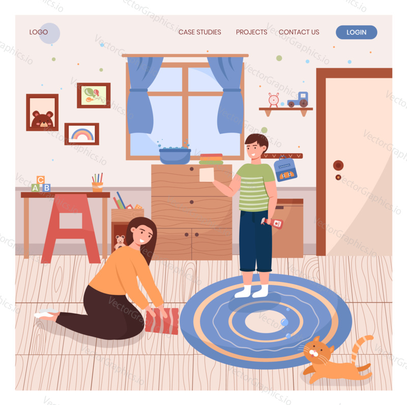 Brother and sister clean kids bedroom together. House cleaning concept illustration. Vector web site design template. Landing page website illustration.