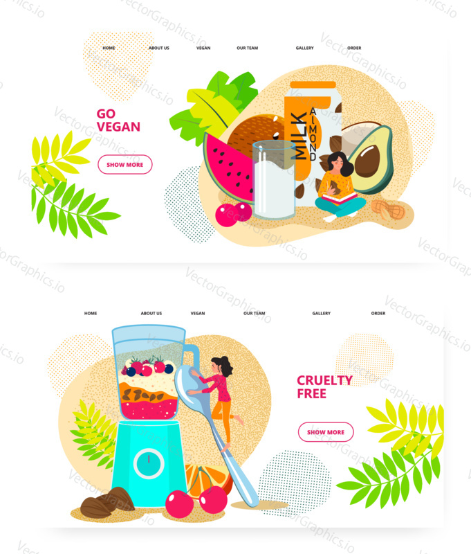 Vegan food and berry smoothie. Almond milk, fruits, blender, cruelty free food. Concept illustration. Vector web site design template. Landing page website illustration.