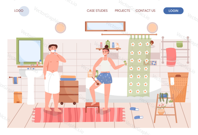 Family couple do morning hygiene routine together in bathroom. Man shaving, girl scrubbing skin. Concept illustration. Vector web site design template. Landing page website.