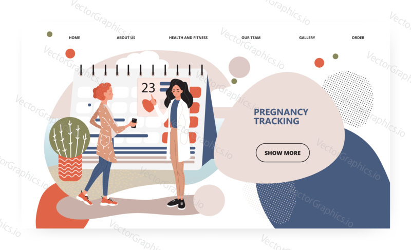 Pregnant woman check calendar with doctor in clinic. Pregnancy week tracking concept illustration. Vector web site design template. Landing page website illustration.