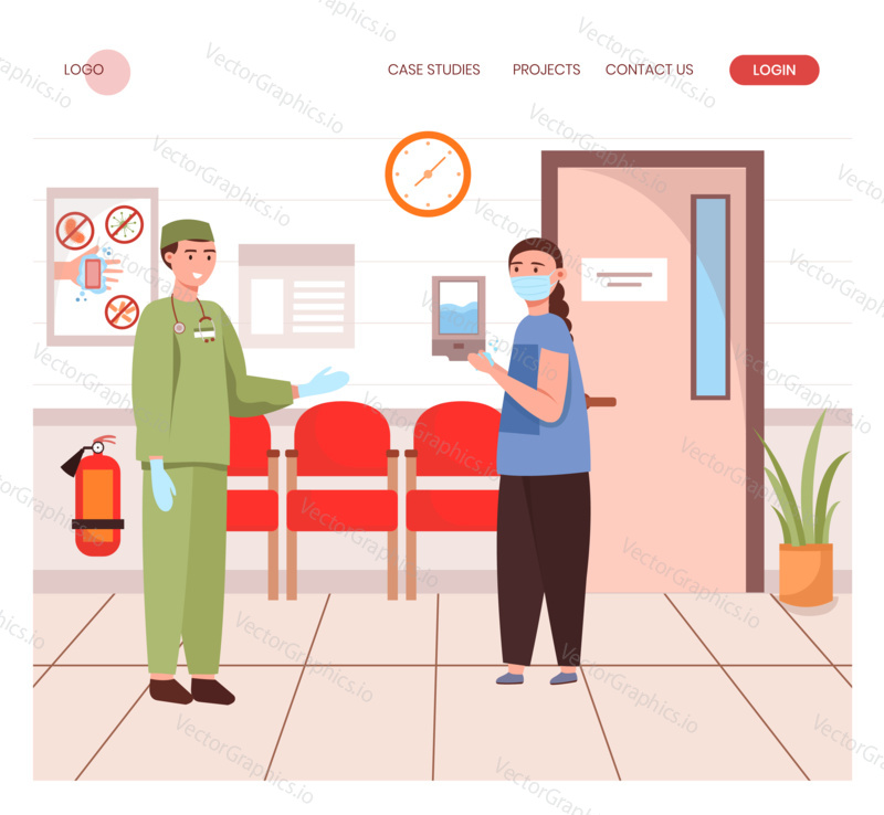 Пациент в маске для лица приходит в больницу, чтобы посетить врача. Женщина дезинфицирует свои руки, чтобы защитить их от коронавируса. Иллюстрация концепции. Векторный шаблон дизайна веб-сайта. Иллюстрация сайта целевой страницы.