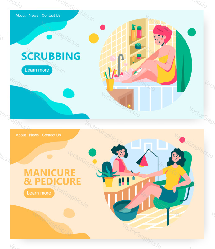 Woman applying body scrub at home. Girl come to beauty salon to make manicure. Concept illustration. Vector web site design template. Landing page website illustration.