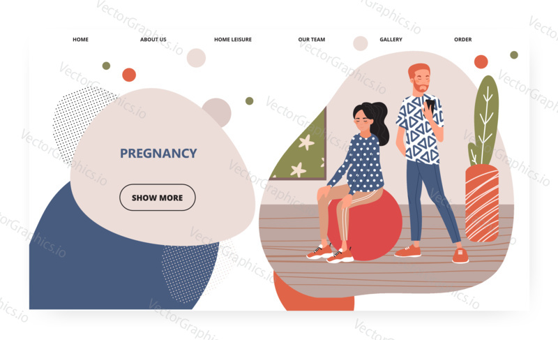 Husband helps his wpregnant wife to exercise with fitness ball. Pregnancy concept illustration. Vector web site design template. Landing page website illustration.