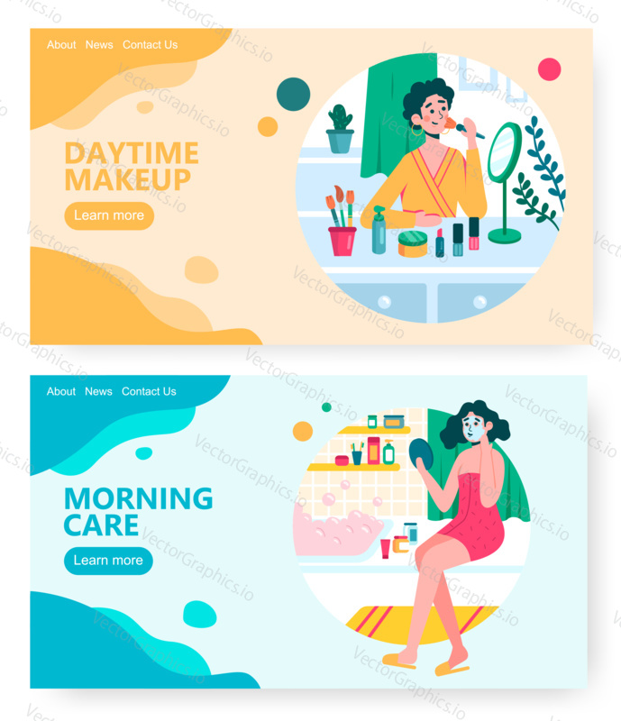 Woman apply makeup at home. Girl morning care in bathroom. Cosmetics and daytime make up concept illustration. Vector web site design template. Landing page website illustration.
