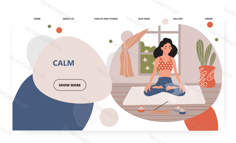 Woman sit in lotus pose. Girl practice yoga and meditation at home. Room interior, candles. Concept illustration. Vector web site design template. Landing page website illustration.