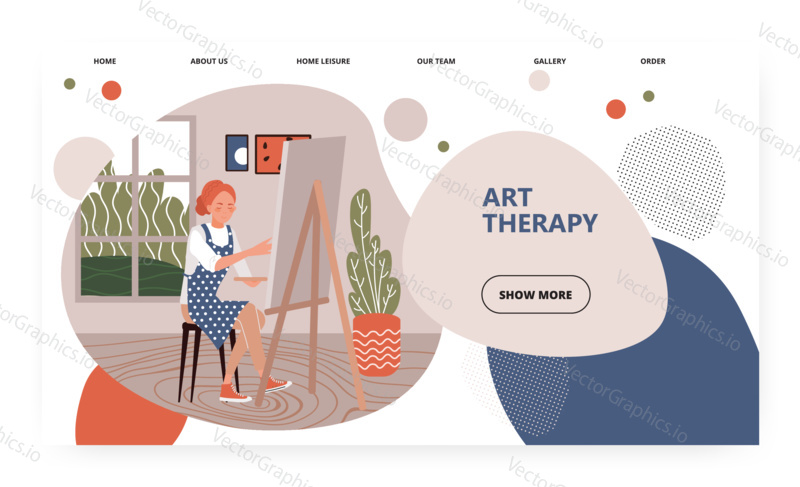 Female artist painting on easel. Art theraphy concept illustration. Vector web site design template. Landing page website illustration.