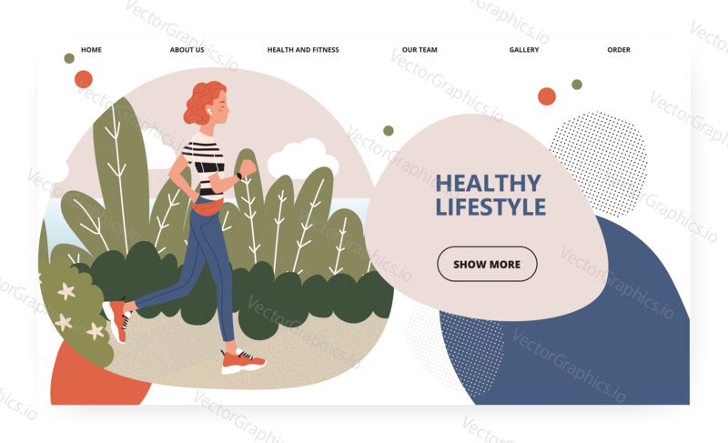Woman exercise outdoor in a park. Running girl. Fitness and healthy lifestyle concept illustration. Vector web site design template. Landing page website illustration.